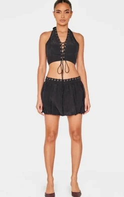 Black Crinkle Eyelet Detail Puff Ball Skirt