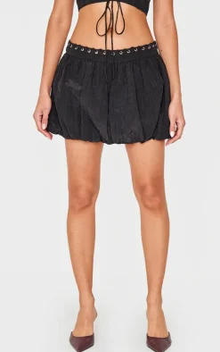 Black Crinkle Eyelet Detail Puff Ball Skirt