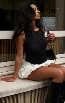 Black Crinkle Mesh Twist Shoulder Long Top