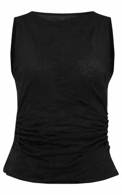 Black Crinkle Mesh Twist Shoulder Long Top