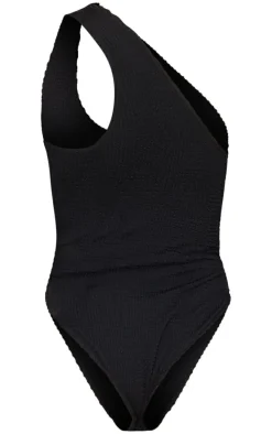 Black Crinkle One Shoulder Cut Out Swimsuit