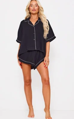 Black Crinkle Piping Short Pj Set