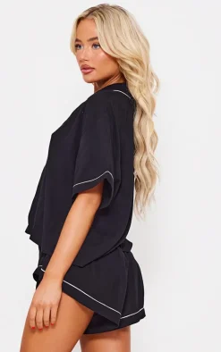 Black Crinkle Piping Short Pj Set