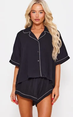 Black Crinkle Piping Short Pj Set