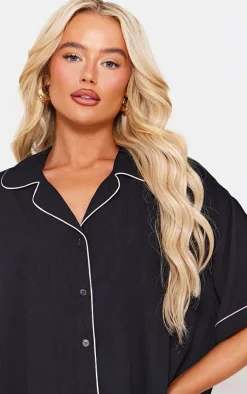 Black Crinkle Piping Short Pj Set