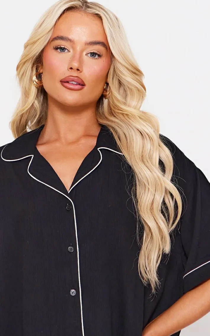 Black Crinkle Piping Short Pj Set