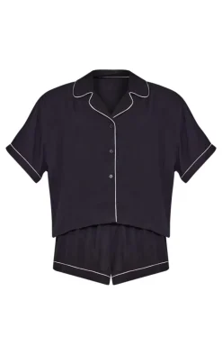 Black Crinkle Piping Short Pj Set