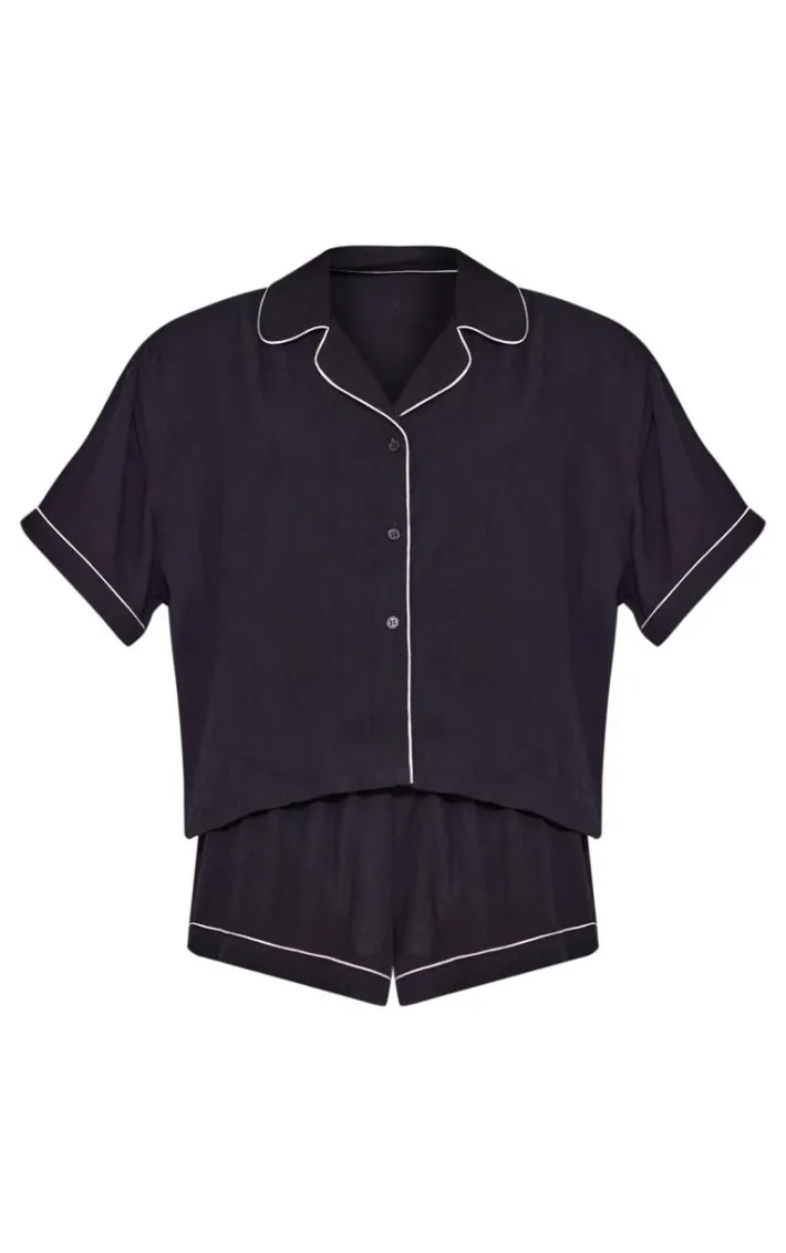 Black Crinkle Piping Short Pj Set