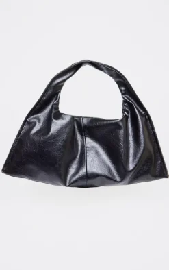Black Crinkle PU Rectangular Slouch Shoulder Bag