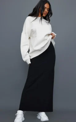 Black Crinkle Rib Curved Waist Maxi Skirt