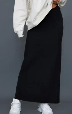 Black Crinkle Rib Curved Waist Maxi Skirt