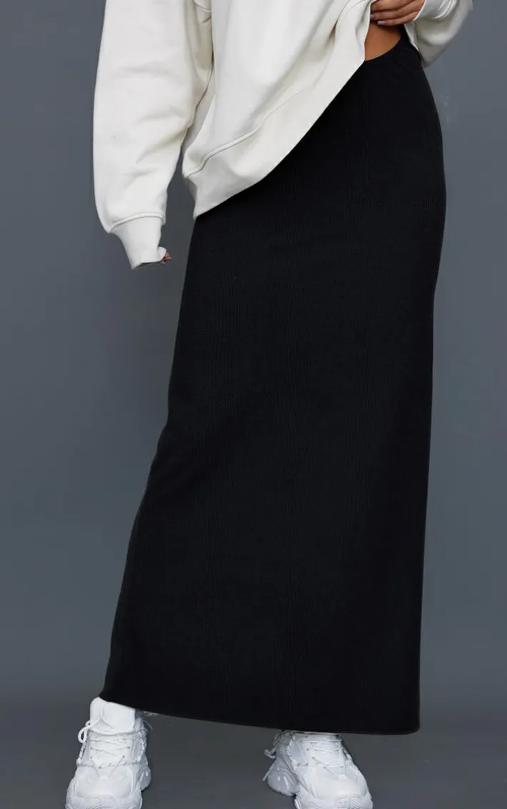 Black Crinkle Rib Curved Waist Maxi Skirt