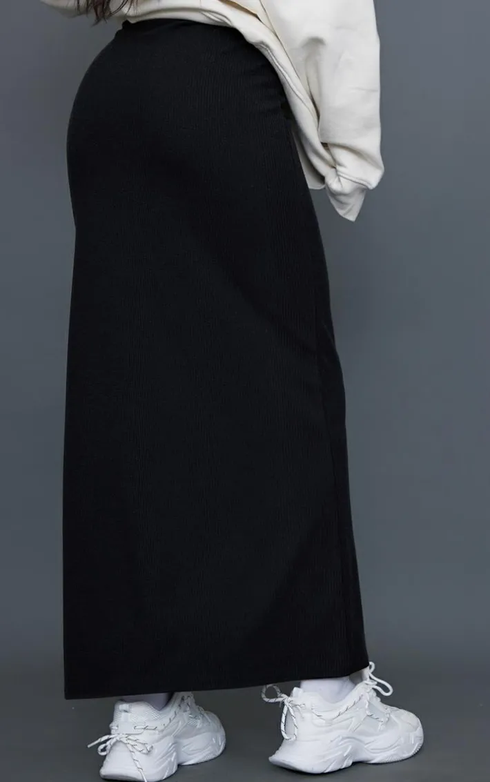 Black Crinkle Rib Curved Waist Maxi Skirt