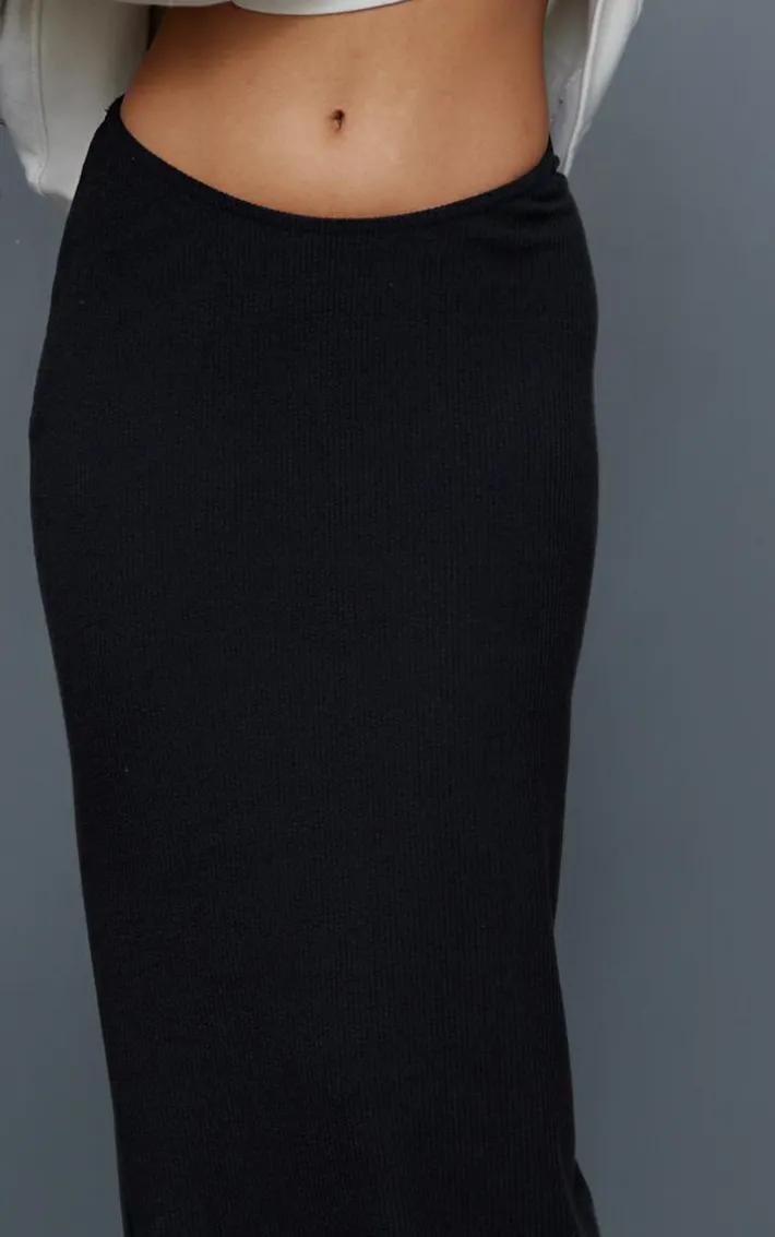 Black Crinkle Rib Curved Waist Maxi Skirt
