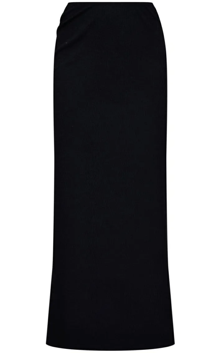 Black Crinkle Rib Curved Waist Maxi Skirt