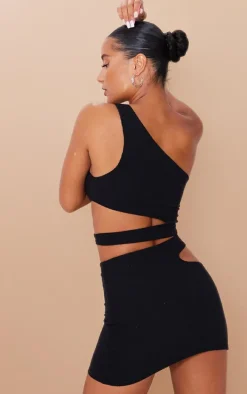 Black Crinkle Rib One Shoulder Cut Out Crop Top