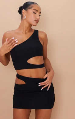 Black Crinkle Rib One Shoulder Cut Out Crop Top