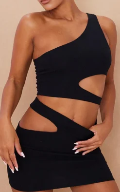 Black Crinkle Rib One Shoulder Cut Out Crop Top