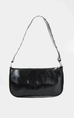 Black Crinkle Stud Handle Shoulder Bag