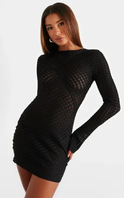 Black Crinkle Texture Long Sleeve Bodycon Dress