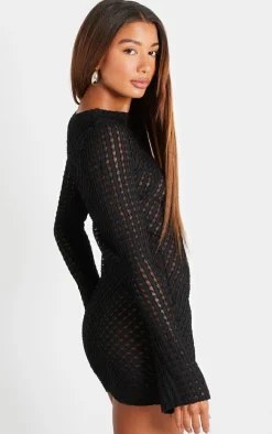 Black Crinkle Texture Long Sleeve Bodycon Dress