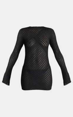 Black Crinkle Texture Long Sleeve Bodycon Dress
