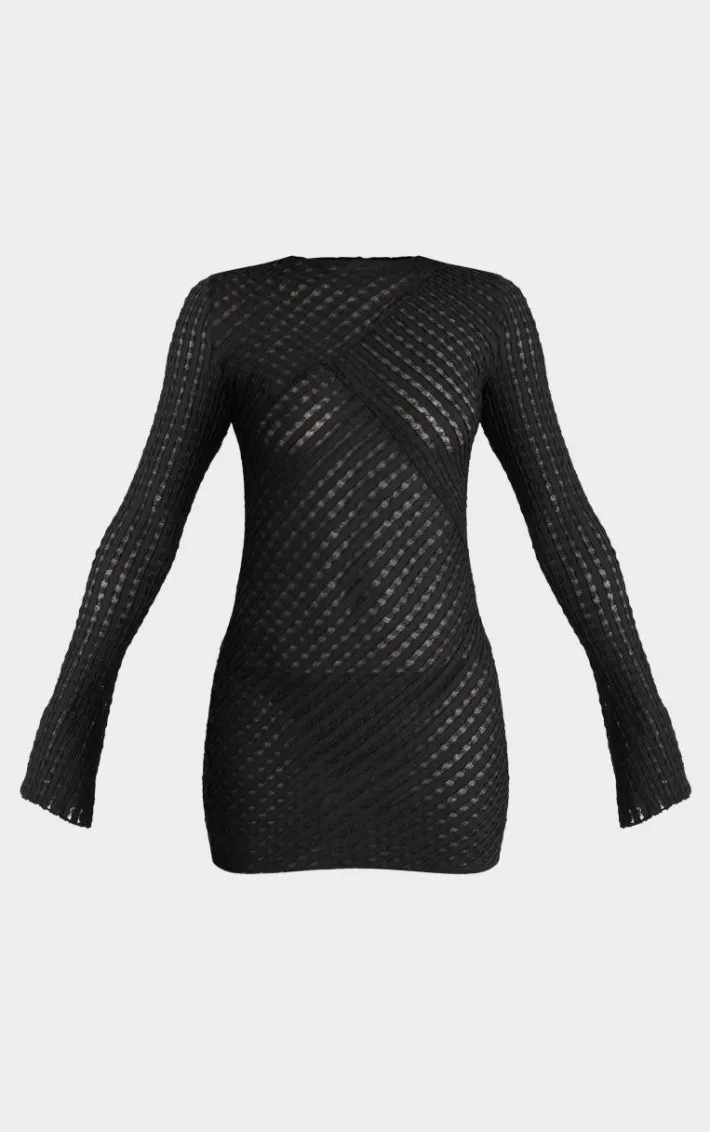 Black Crinkle Texture Long Sleeve Bodycon Dress