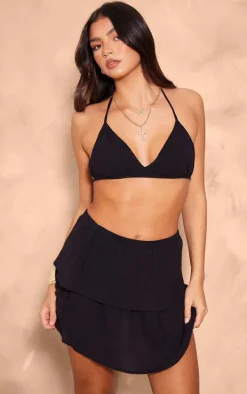 Black Crinkle Texture Tiered Mini Skirt