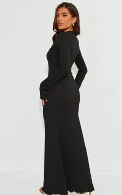 Black Crinkle Textured Lettuce Hem Long Sleeve Maxi Dress