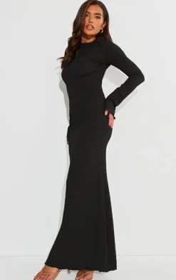 Black Crinkle Textured Lettuce Hem Long Sleeve Maxi Dress