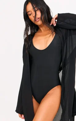 Black Crinkle Textured Short Beach Kimono
