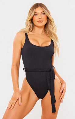 Black Crinkle Tie Waist Detail Swimsuit
