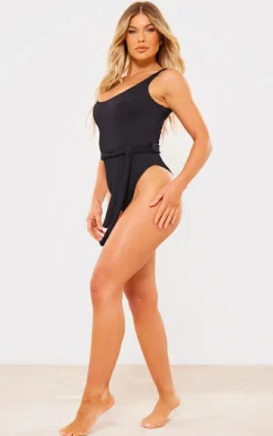 Black Crinkle Tie Waist Detail Swimsuit