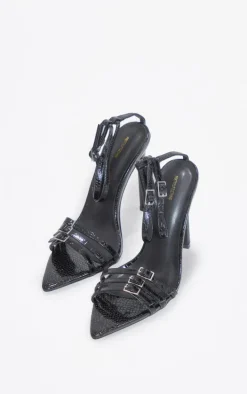 Black Croc Buckle Detail Heeled Sandals