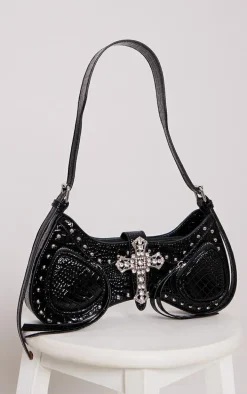 Black Croc Diamante Cross Western Shoulder Bag