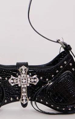 Black Croc Diamante Cross Western Shoulder Bag