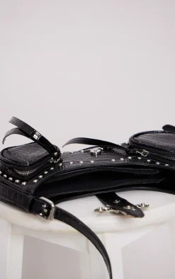 Black Croc Diamante Cross Western Shoulder Bag