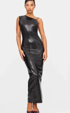 Black Croc Effect One Shoulder Maxi Dress