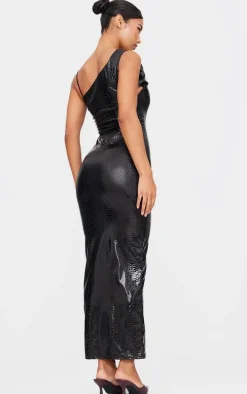 Black Croc Effect One Shoulder Maxi Dress