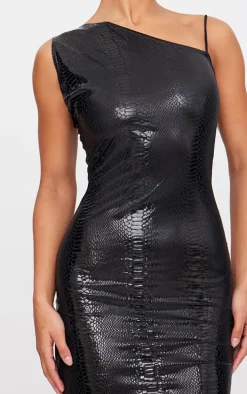 Black Croc Effect One Shoulder Maxi Dress