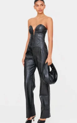 Black Croc Faux Leather Bandeau Plunge Straight Leg Jumpsuit
