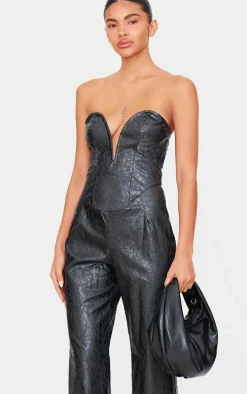 Black Croc Faux Leather Bandeau Plunge Straight Leg Jumpsuit