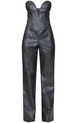 Black Croc Faux Leather Bandeau Plunge Straight Leg Jumpsuit