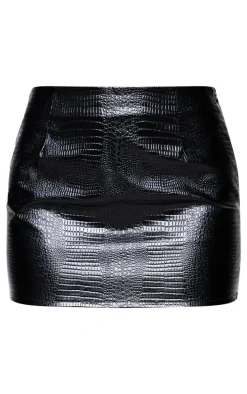 Black Croc Faux Leather Low Rise Micro Mini Skirt