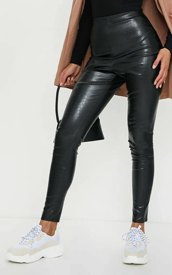 Black Croc Faux Leather Skinny Pants