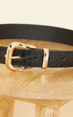 Black Croc Gold Buckle Waist Belt