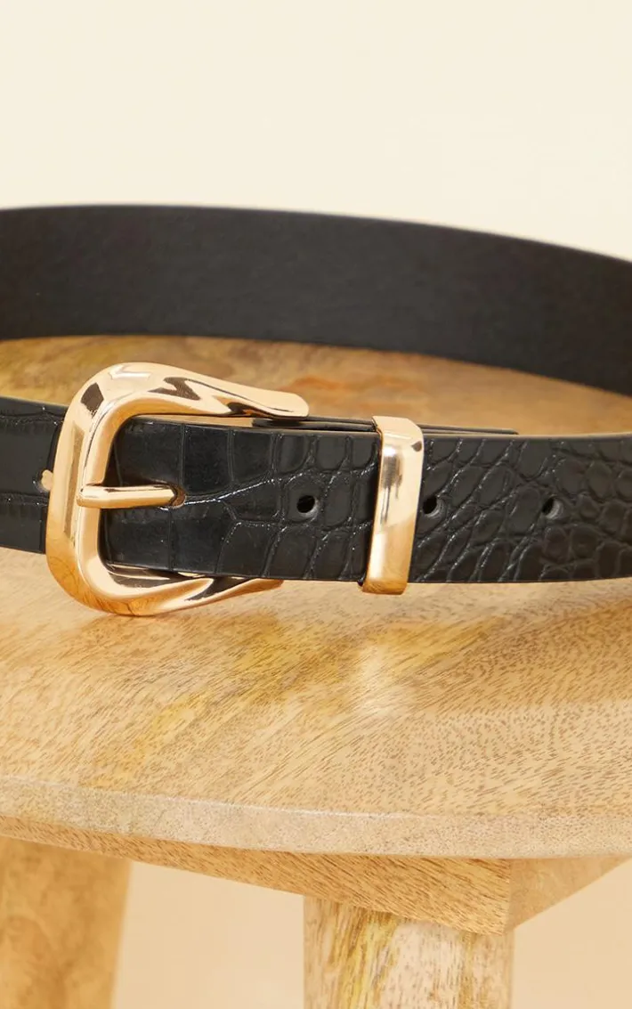 Black Croc Gold Buckle Waist Belt