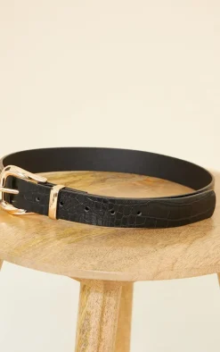 Black Croc Gold Buckle Waist Belt