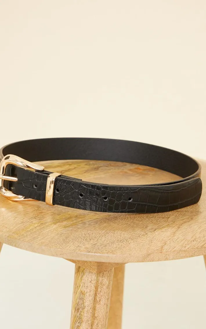 Black Croc Gold Buckle Waist Belt