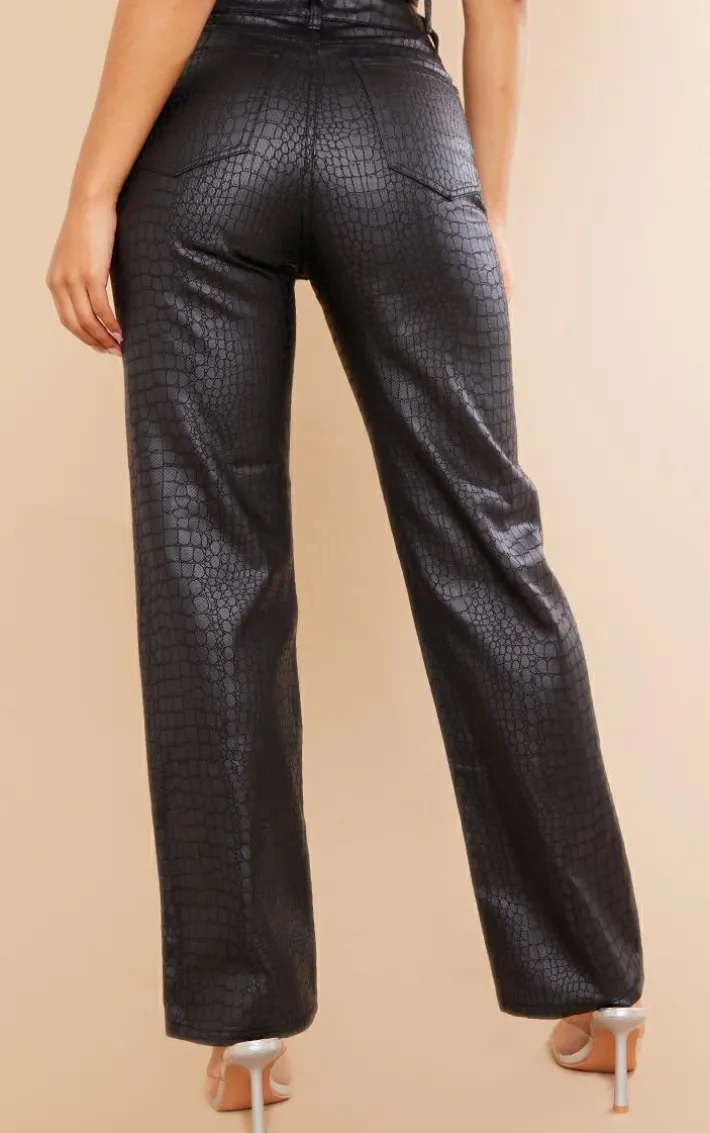 Black Croc Print Coated Denim Straight Leg Jeans
